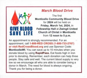 March Blood Drive @ Zwingli United Church of Christ | Monticello | Wisconsin | United States