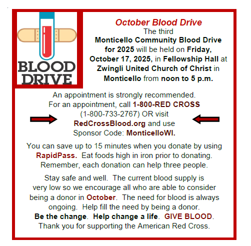 Monticello Community Blood Drive @ Zwingli United Church of Christ | Monticello | Wisconsin | United States