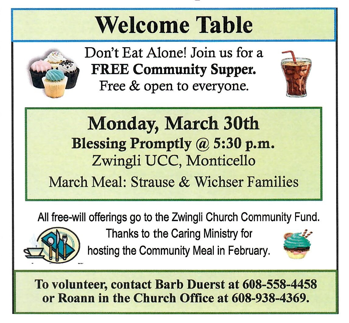 Welcome Table Free Community Supper @ Zwingli United Church-Christ | Monticello | Wisconsin | United States